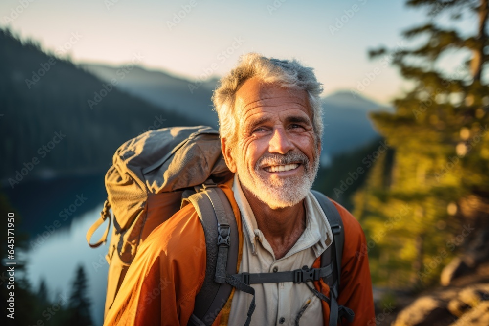Smiling portrait of a happy senior man hiker hiking in the forests and mountains Smiling portrait of a happy senior man hiker hiking in the forests and mountains