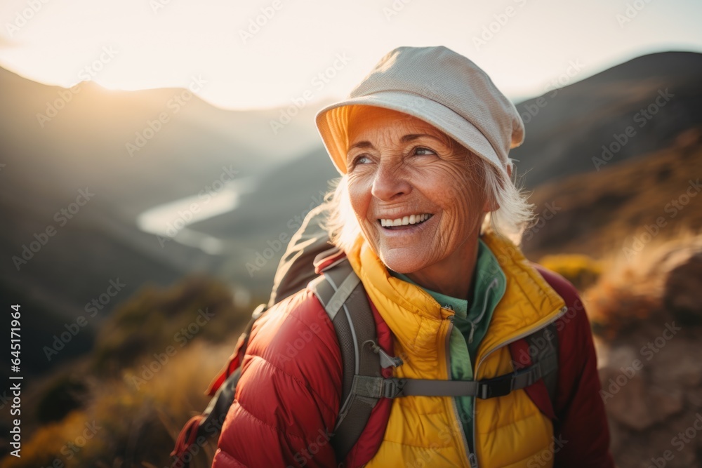 Smiling portrait of a happy senior woman hiker hiking in the forest and mountains