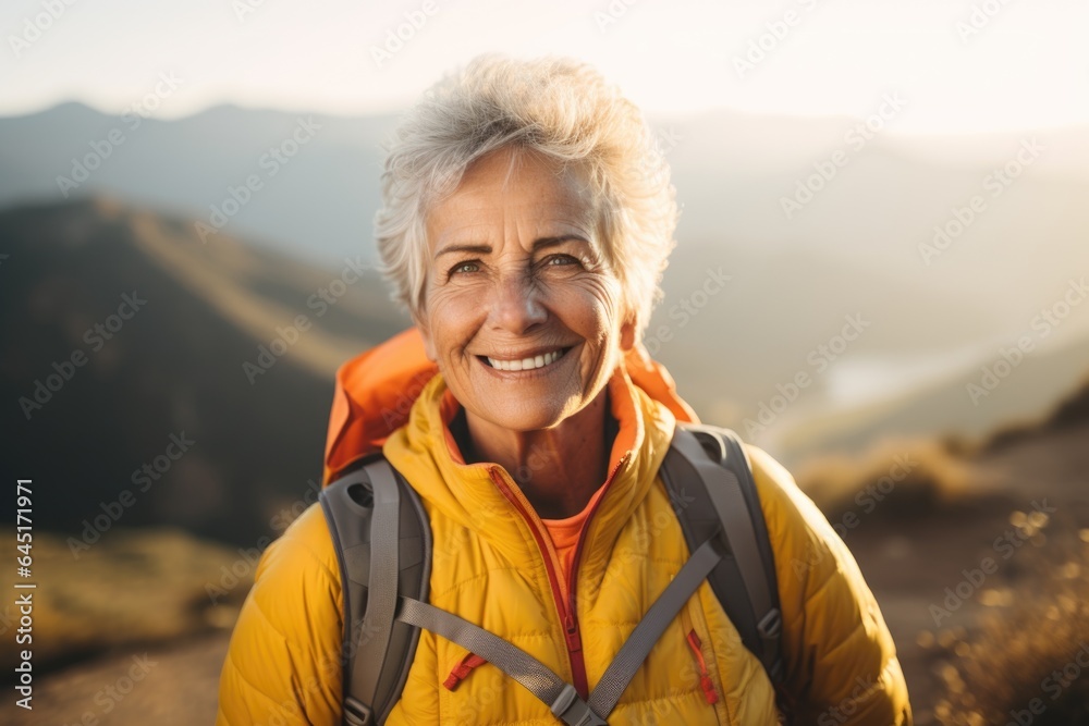 Smiling portrait of a happy senior woman hiker hiking in the forest and mountains