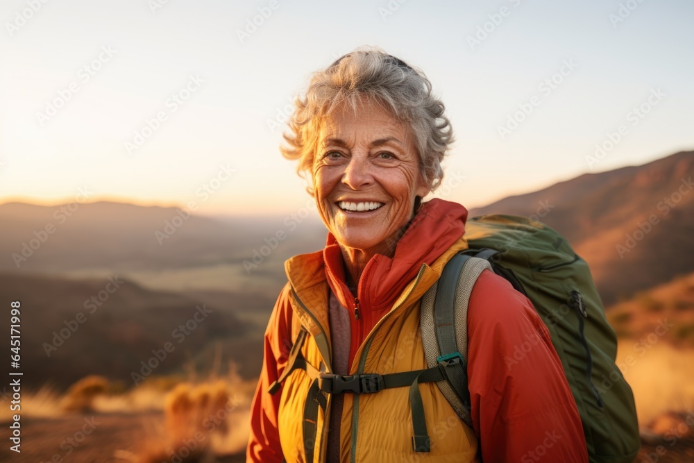 Smiling portrait of a happy senior woman hiker hiking in the forest and mountains