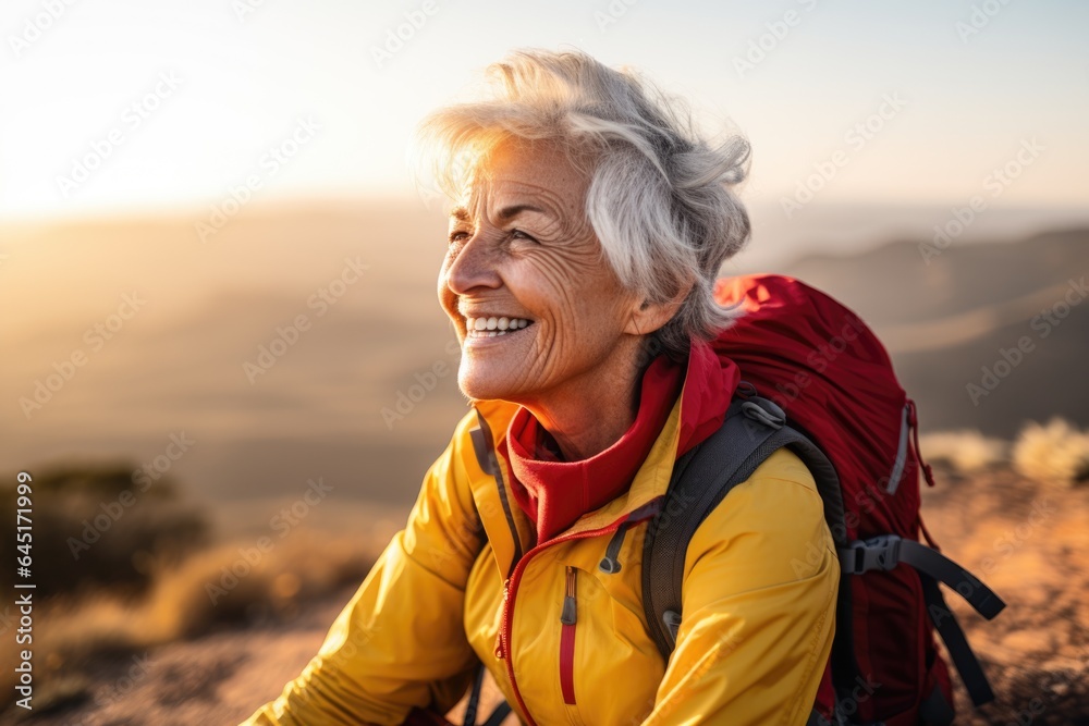 Smiling portrait of a happy senior woman hiker hiking in the forest and mountains Smiling portrait of a happy senior woman hiker hiking in the forest and mountains