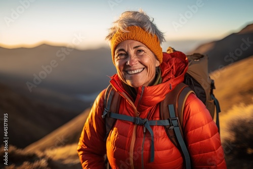 Smiling portrait of a happy senior woman hiker hiking in the forest and mountains