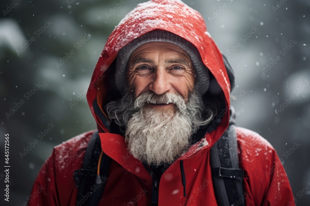 Smiling portrait of a happy senior man hiker hiking in the forests and mountains during winter and snow