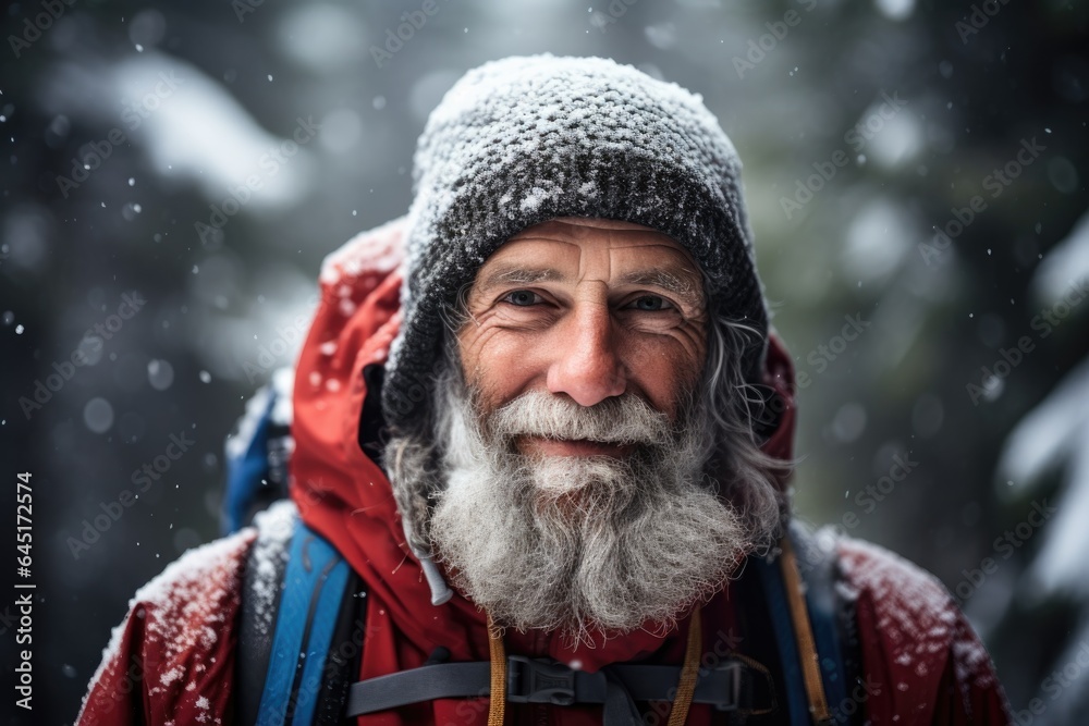 Smiling portrait of a happy senior man hiker hiking in the forests and mountains during winter and snow Smiling portrait of a happy senior man hiker hiking in the forests and mountains during winter and snow