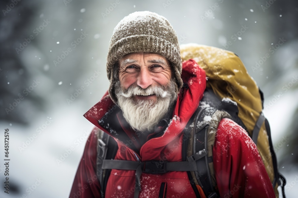 Smiling portrait of a happy senior man hiker hiking in the forests and mountains during winter and snow Smiling portrait of a happy senior man hiker hiking in the forests and mountains during winter and snow