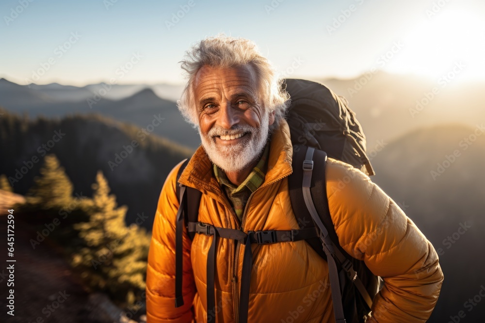 Smiling portrait of a happy senior man hiker hiking in the forests and mountains Smiling portrait of a happy senior man hiker hiking in the forests and mountains