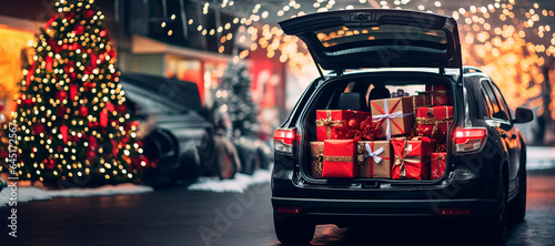 Festive Christmas Sale: Car Loaded with Colorful Christmas Gifts for Joyful Holiday Shopping. Christmas background.