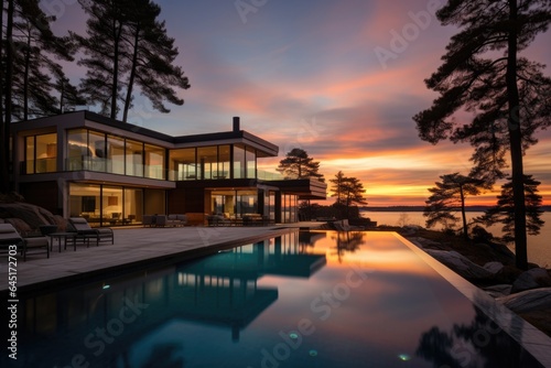 Modern luxury house or villa with an infinity pool overlooking a beatiful view of the ocean and sky © NikoG
