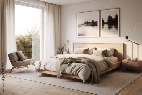 Nordic designed interior of a cozy bedroom in a modern house with plenty of natural light