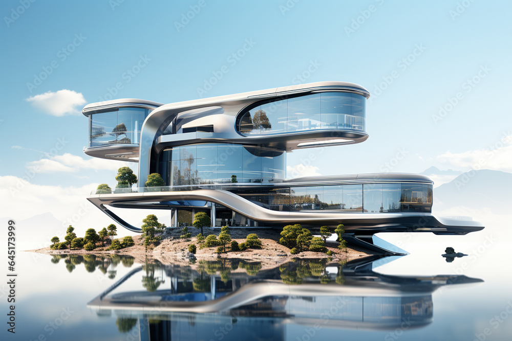3D rendering of a futuristic modern house white background