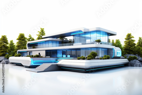 3D rendering of a futuristic modern house white background