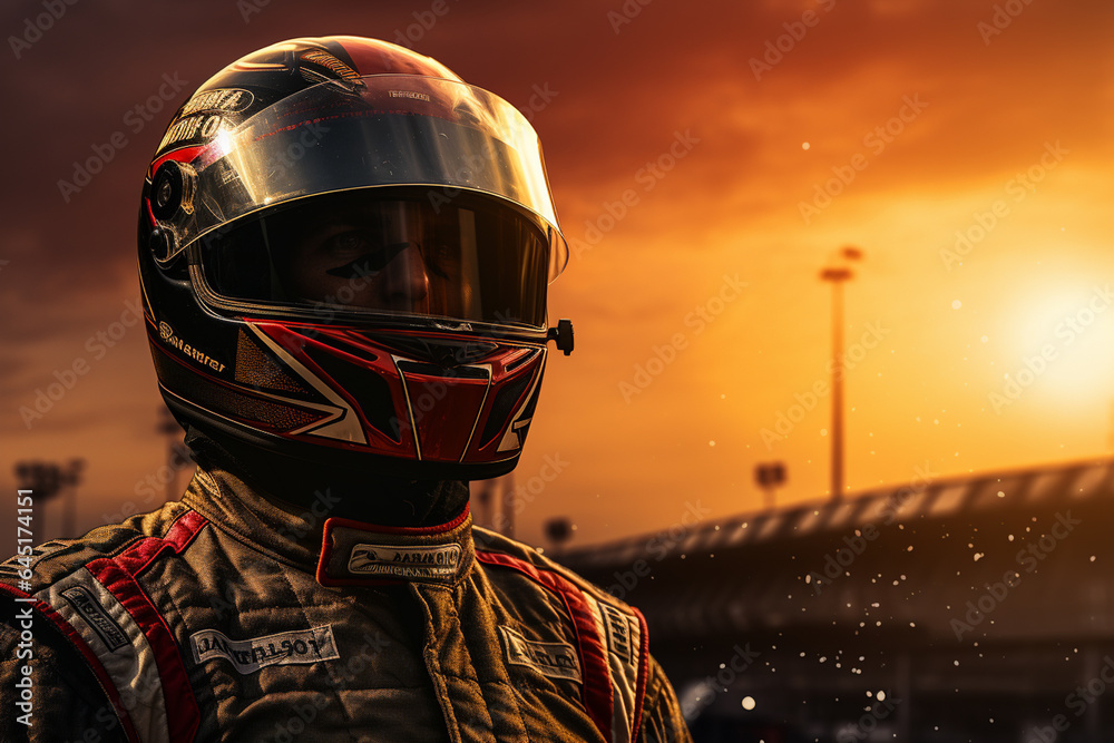 Racing driver with helmet on the background of a beautiful sunset. Racing driver with helmet on the background of a beautiful sunset.