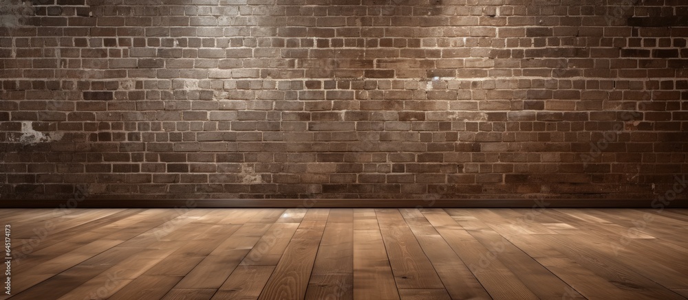 Dark oak colored wood floor with white brick wall in perspective.
