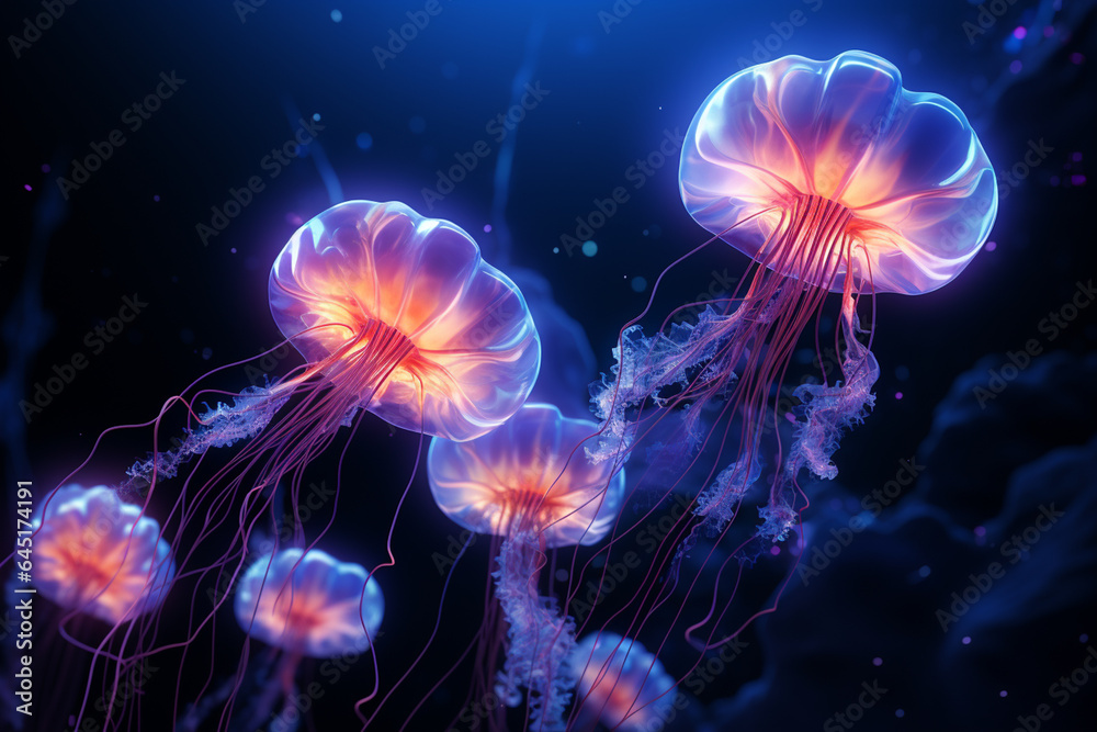 Magic mushrooms in the forest at night. 3d render illustration.