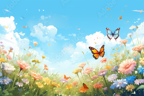 Beautiful spring landscape with colorful flowers and butterfly. Nature background.