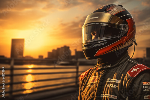 Racing driver with helmet on the background of a beautiful sunset.