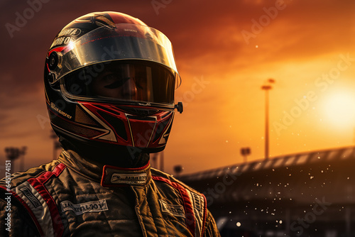 Racing driver with helmet on the background of a beautiful sunset.