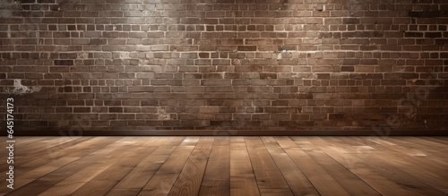 Dark oak colored wood floor with white brick wall in perspective.