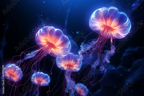 Magic mushrooms in the forest at night. 3d render illustration.