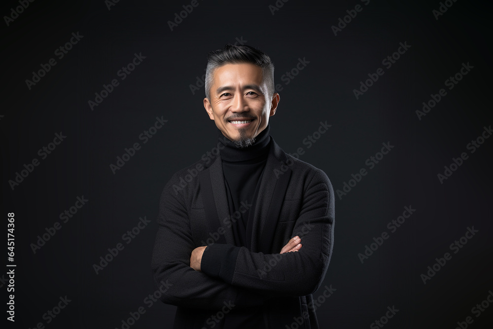 Portrait of a smiling Asian businessman wearing glasses and black suit with looking at the camera in confidently while standing alone in a dark wall background.