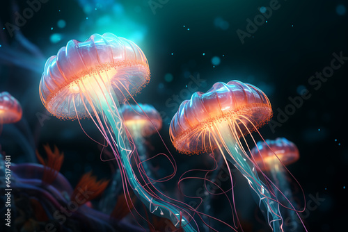 Jellyfish floating in the ocean. 3d render illustration. © Creative