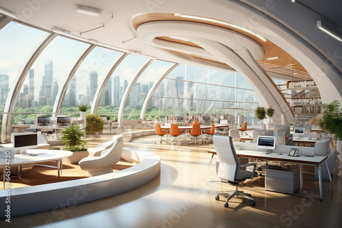Modern office interior with furniture and city view. 3D Rendering © Creative