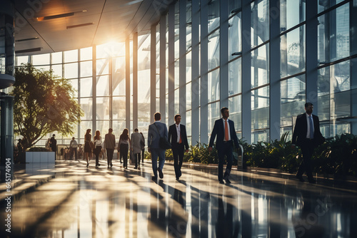 Business people walking in modern office building with glass walls and floor.