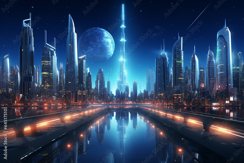night scene of modern city with skyscrapers and reflection in water