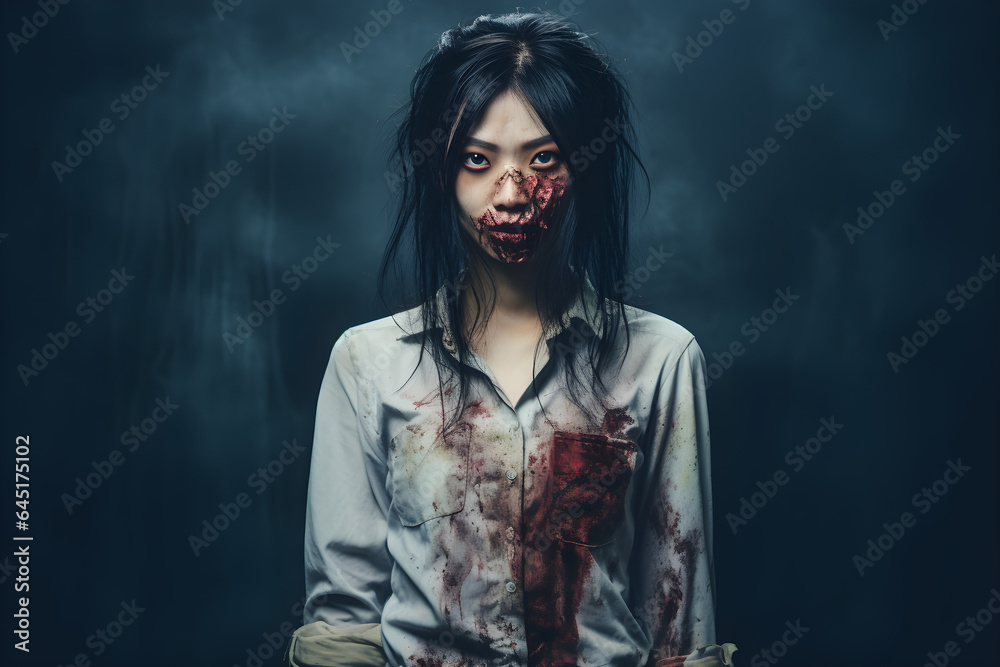 studio portrait of zombie asian woman wearing shirt