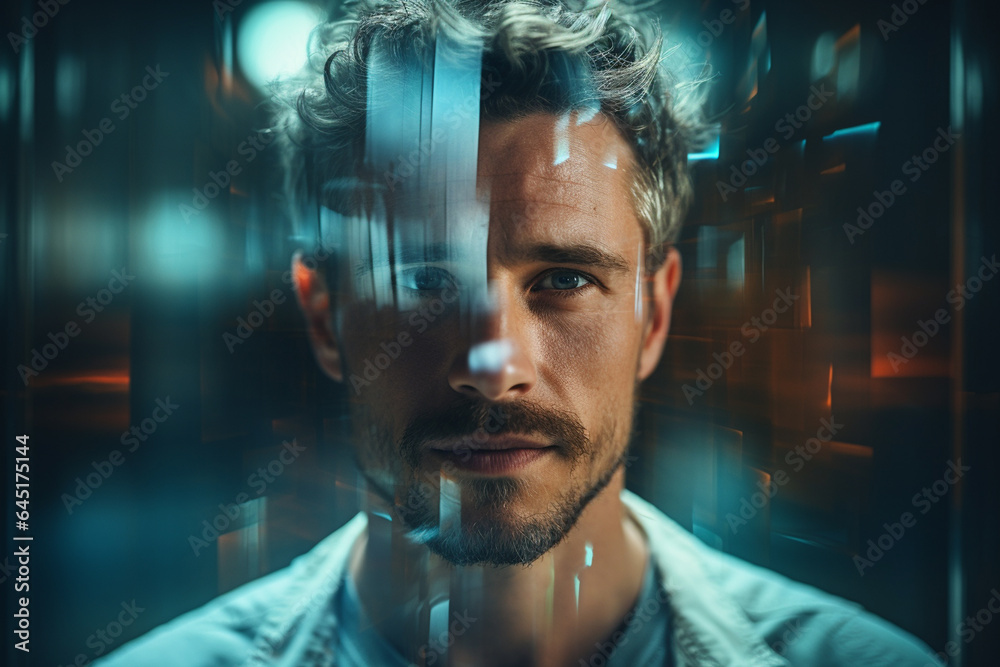 Portrait of young handsome man against night city background with binary code Portrait of young handsome man against night city background with binary code
