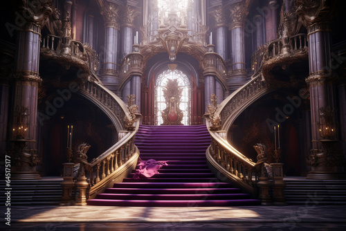 Interior of royal palace with red carpet and stairway, 3d render photo