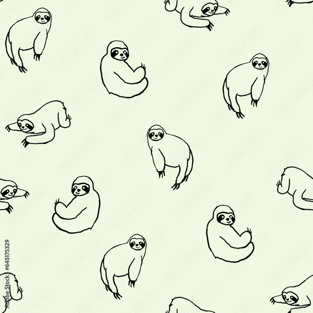Seamless pattern with cute baby sloths Black and white line art. Hand ...