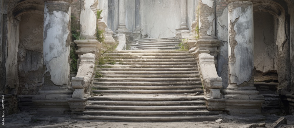 A weathered stone staircase with damaged marble steps. A weathered stone staircase with damaged marble steps.