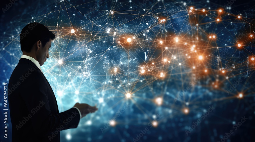 Businessman with a hologram technology screen background. 3d AI generated image Businessman with a hologram technology screen background. 3d AI generated image