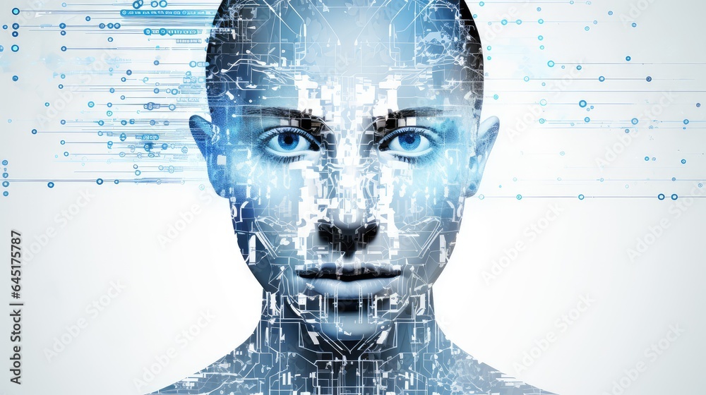 Close up of woman with a hologram screen background. 3d AI generated image