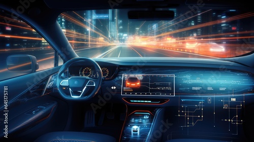 AI Generating picture of a futuristic modern electric car speedometer dashboard interior view with a holographic wireframe digital technology background © Aris Suwanmalee