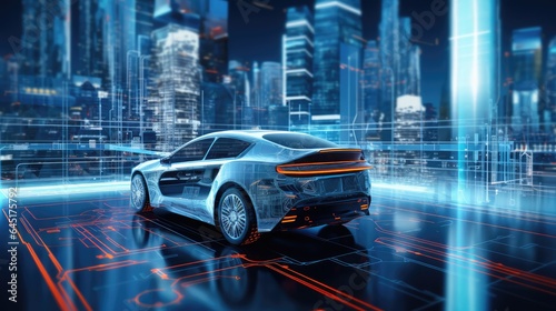 AI Generating picture of a futuristic electric car with a holographic wireframe digital technology background.