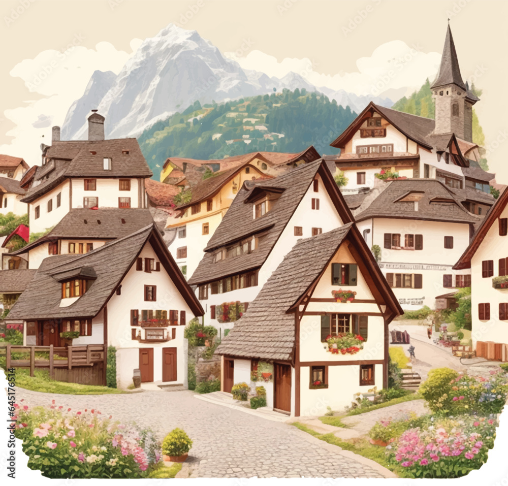 Swiss Village under Hills Vector