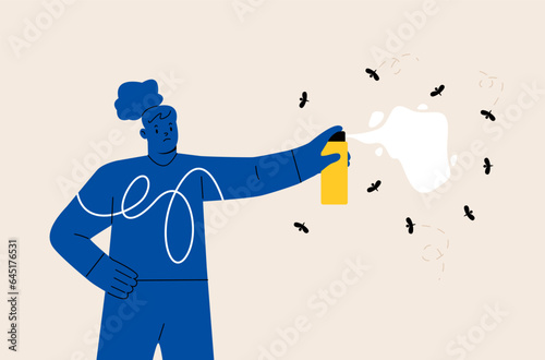 Woman use insect repellent keep mosquitos away. Colorful vector illustration