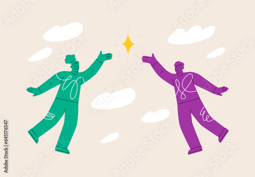 People reach for diamond. Man and woman strive for shared goal achievement. Colorful vector illustration