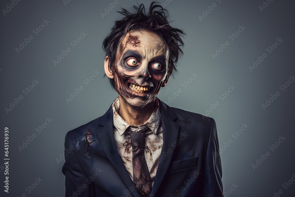 funny studio portrait of zombie wearing suit - obrazy, fototapety, plakaty 