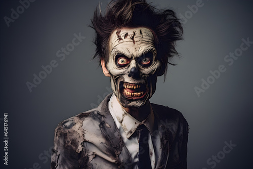 funny studio portrait of zombie wearing suit