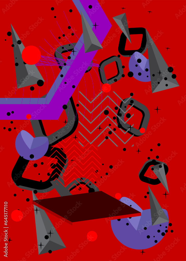 Fototapeta premium Black, red and purple geometrical graphic retro theme cover. Minimal geometric elements poster design. Vintage abstract shapes template for poster banner.