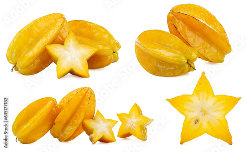 ripe carambola fruit with slices isolated on a white background.