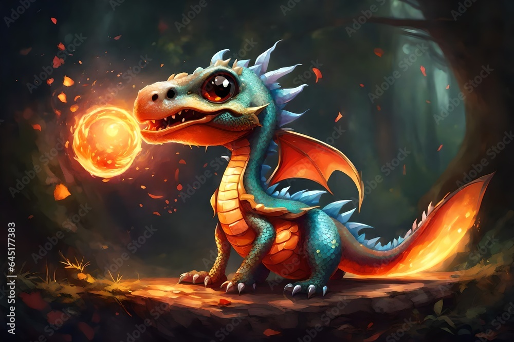 A small dragon with shiny scales. It has big, sweet eyes with a cute snout. Its wings are large and colorful, and its tail is long and curled. The dragon is playing with a fireball, but it looks very 
