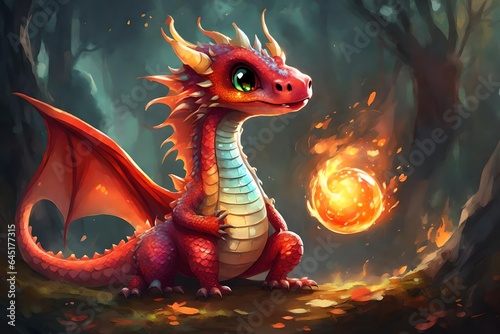 A small dragon with shiny scales. It has big, sweet eyes with a cute snout. Its wings are large and colorful, and its tail is long and curled. The dragon is playing with a fireball, but it looks very  © ch3r3d4r4f43l
