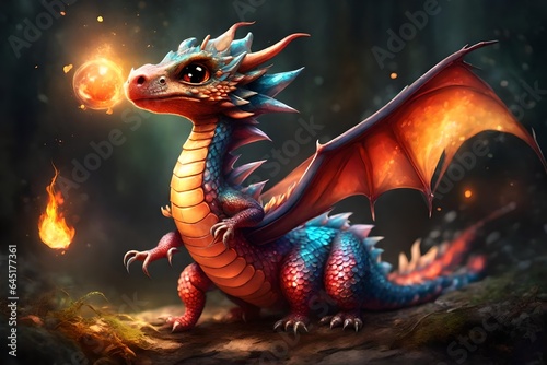 A small dragon with shiny scales. It has big  sweet eyes with a cute snout. Its wings are large and colorful  and its tail is long and curled. The dragon is playing with a fireball  but it looks very 