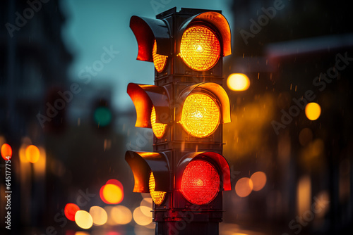 Traffic signal light on the road in the city. Blurred background.