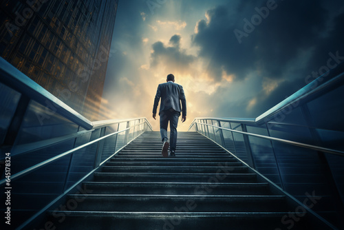 Back view of young businessman walking up the stairs in city at sunset © Creative