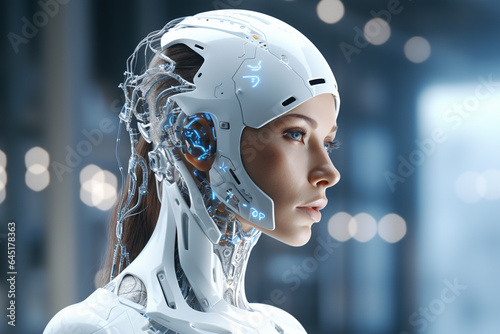 Close up of female robot head with glowing brain. Artificial intelligence concept. 3D Rendering